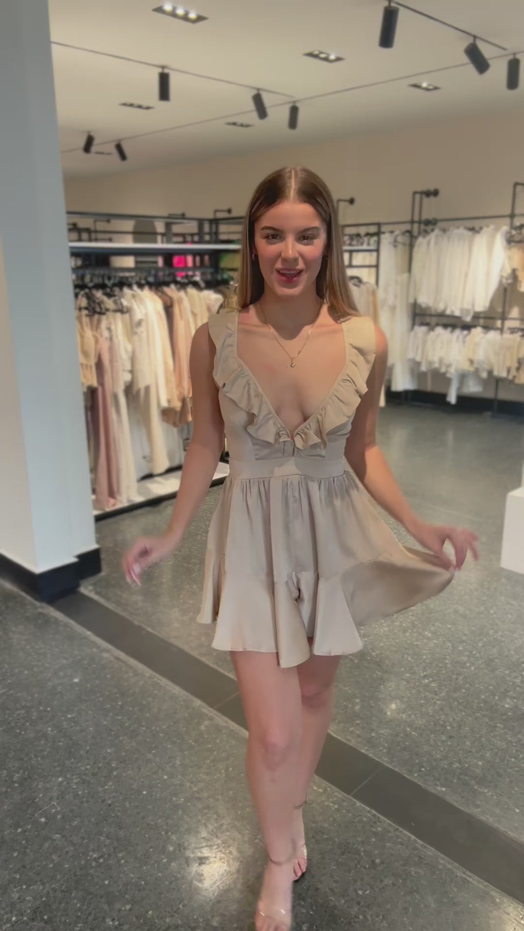 V NECK SATIN SLEEVELESS RUFFLE MINI ROMPER