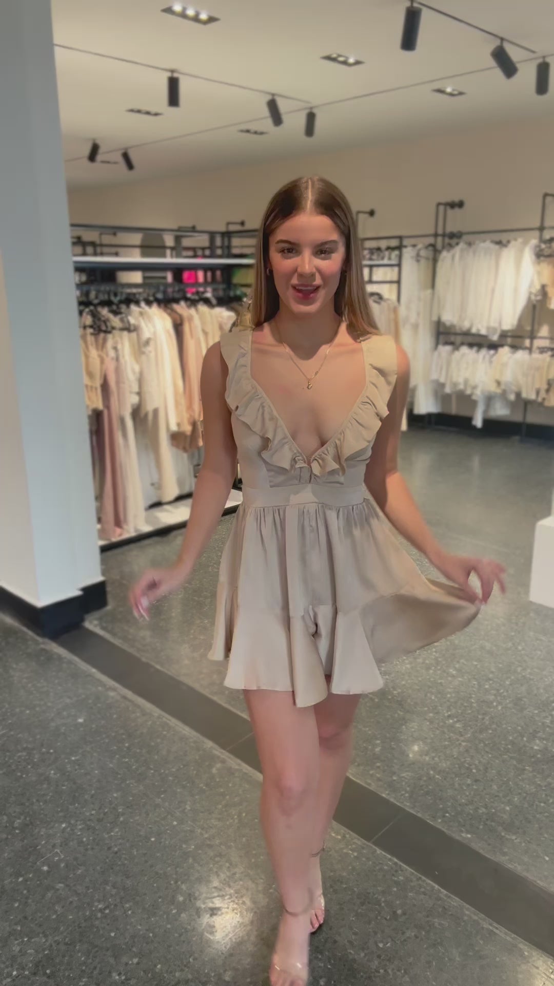 V NECK SATIN SLEEVELESS RUFFLE MINI ROMPER•-4