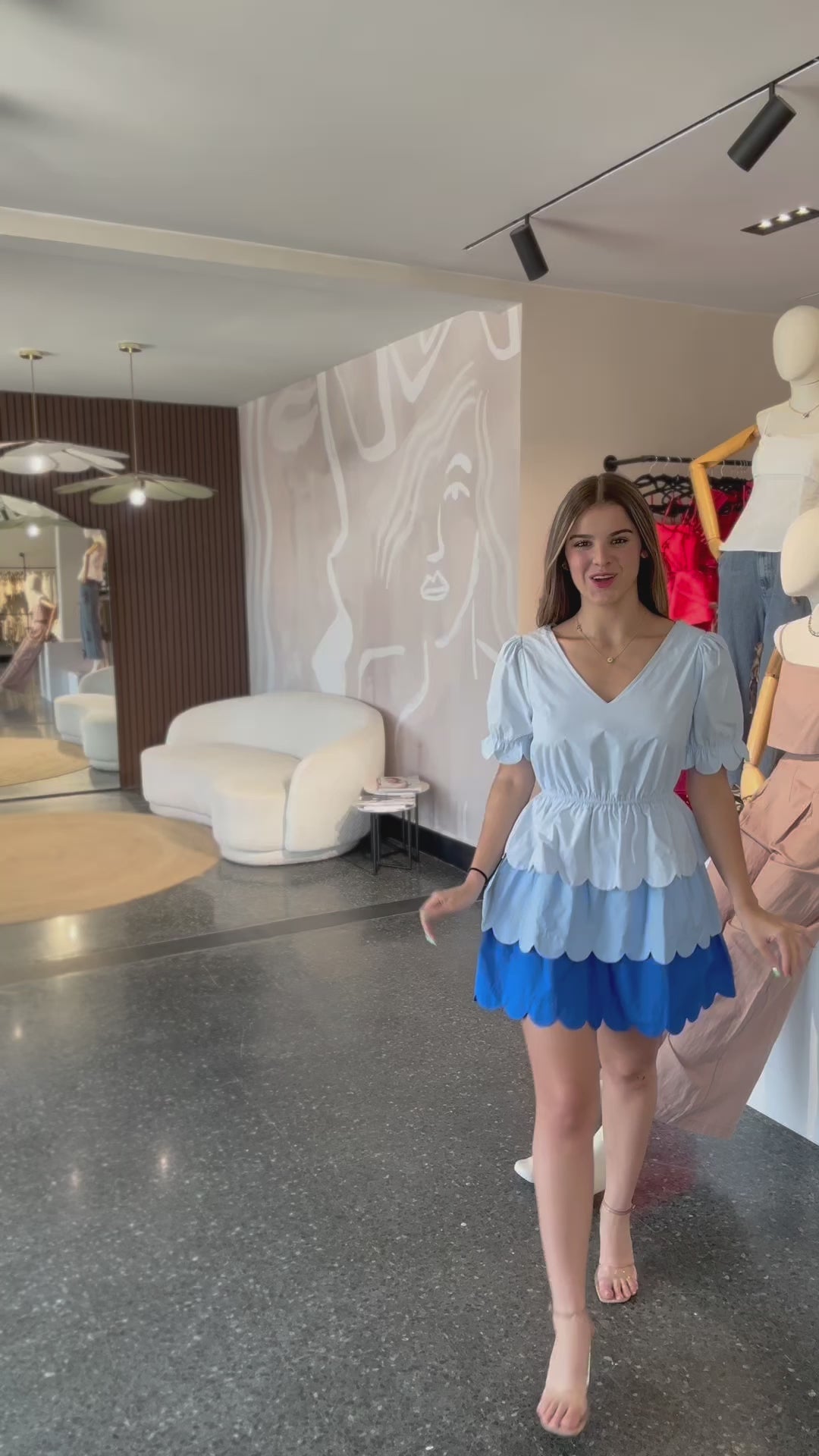 COLORBLOCK V NECK SCALLOPED FLARE MINI DRESS