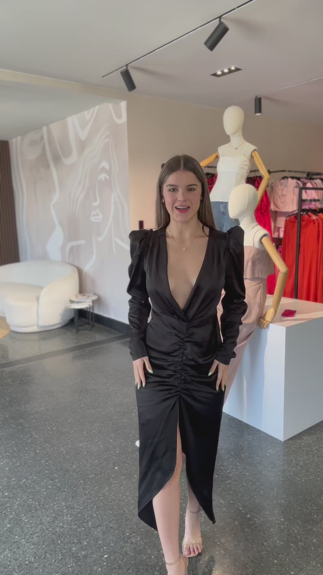 Long Sleeve Shirring Midi Dress