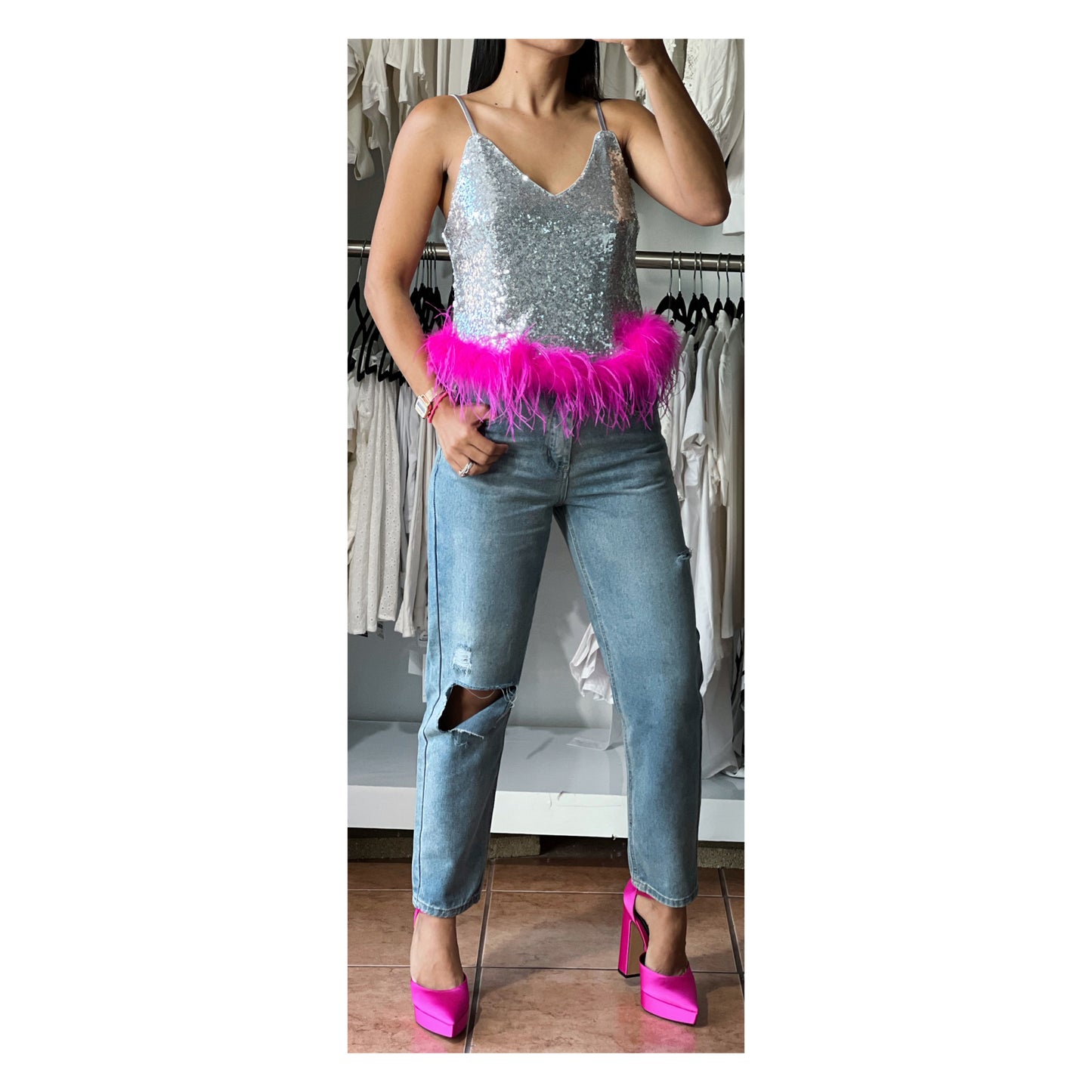 Feathers Trim Sequin Top