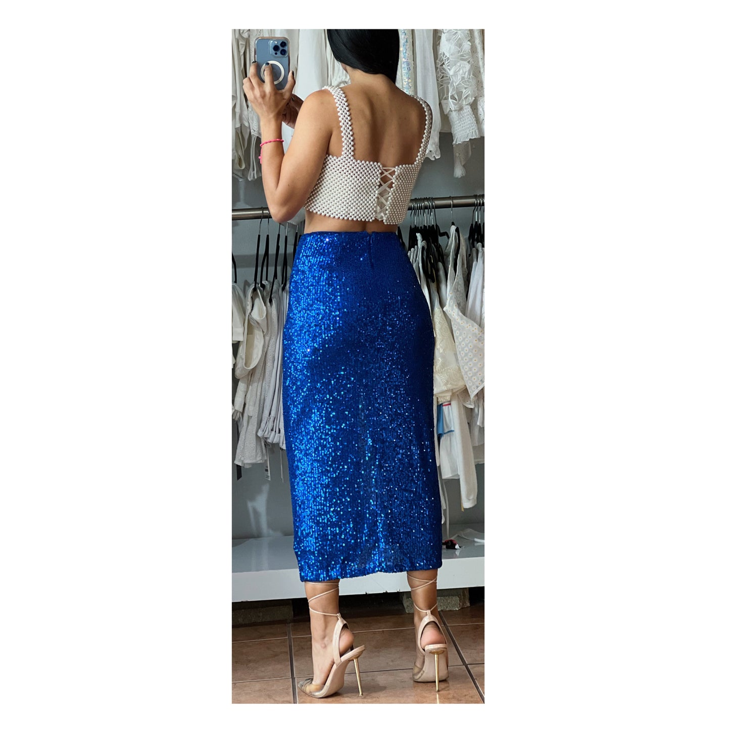 Cobalt Sequin Side Slit Skirt